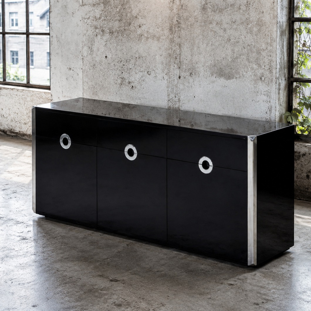Willy Rizzo for Sabot Sideboard, Italy, 1970s A striking and unmistakably glamorous sideboard designed by Willy Rizzo for Sabot during the 1970s, embodying the sophisticated luxury that made Rizzo one of the defining figures of Italian modern design. Executed in a deep piano-black lacquer, the cabinet is conceived as a pure architectural volume, its rigorous geometric silhouette elegantly punctuated by polished chrome details. The circular recessed pulls, a recurring signature within Rizzo's celebrated furniture production, create a refined interplay of light and shadow while reinforcing the piece's sculptural presence. The minimalist façade conceals a highly functional interior, balancing practicality with the designer's unmistakable flair for cinematic elegance. Mirror-like chrome edges frame the composition, reflecting the surrounding environment and enhancing the visual lightness of an otherwise substantial form. Blending the glamour of 1970s Italian design with the disciplined restraint of modernist architecture, this sideboard is equally suited to a sophisticated contemporary interior, a collector's residence, or an executive setting. Its timeless monochrome palette allows it to integrate effortlessly into both minimalist and richly curated environments. An exceptional example of Willy Rizzo's ability to transform everyday furniture into objects of enduring luxury and refined presence. #WillyRizzo #SabotMilano #ItalianDesign #HollywoodRegency #VintageLuxury